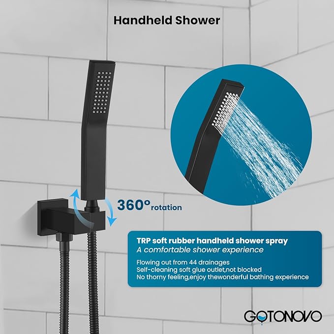 gotonovo Shower Faucet Set with Handheld Spray Matte Black,10'' Head | SUS304 Rainfall Shower Head and Handle Set System Fixture,Pressure Balance Valve Trim Kit,Single Handle,Wall Mount,All Metal
