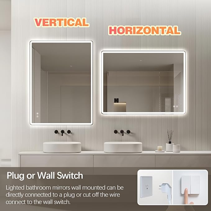Niccy Led Mirror for Bathroom, 40"x30" Frameless Frontlit and Backlit Mirrors for Wall Lighted Mirror with Bedroom 3 Color, Defogger, Explosion-Proof, HD Glass, IP65 Vanity Horizontal/Vertical