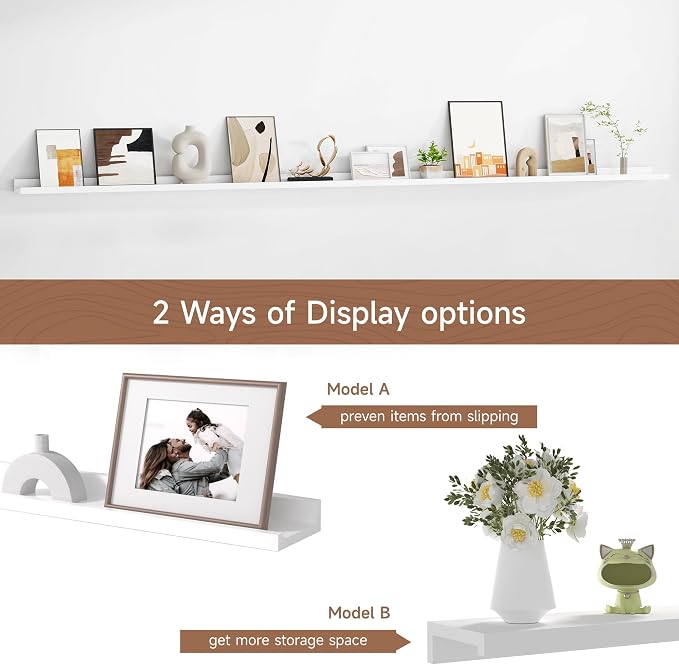 Floating Picture Ledge Shelves for Wall Set of 2, 95 Inches Picture Ledge Shelf with Long Large Nursery Book Shelf for Toys Storage Kids Bookshelf Wall Mounted Living Room Bedroom Decor Frames, White