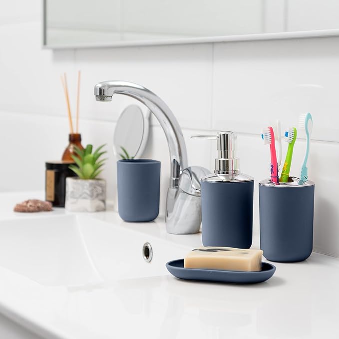 Moss & Stone 6-Piece Blue Bathroom Accessories Set, Soap Dispenser | Modern Plastic Bathroom Set with Toothbrush Holder, Soap Dish, Cup & Trash Can for Countertop Organization and Bathroom Decor