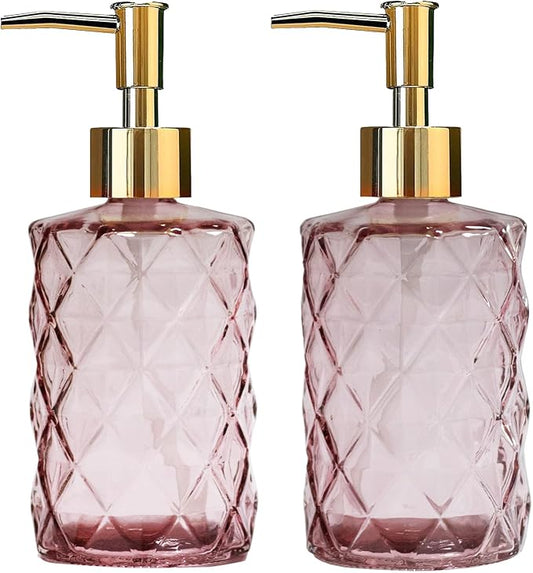 YYTSGG Glass Soap Dispenser with Gold Plastic Pump, 12oz, 2 Pack | Refillable Liquid Hand Soap Dispenser, Crystal Lotion Bottle for Modern Home Decor, Bathroom, Kitchen Countertop, Hotel