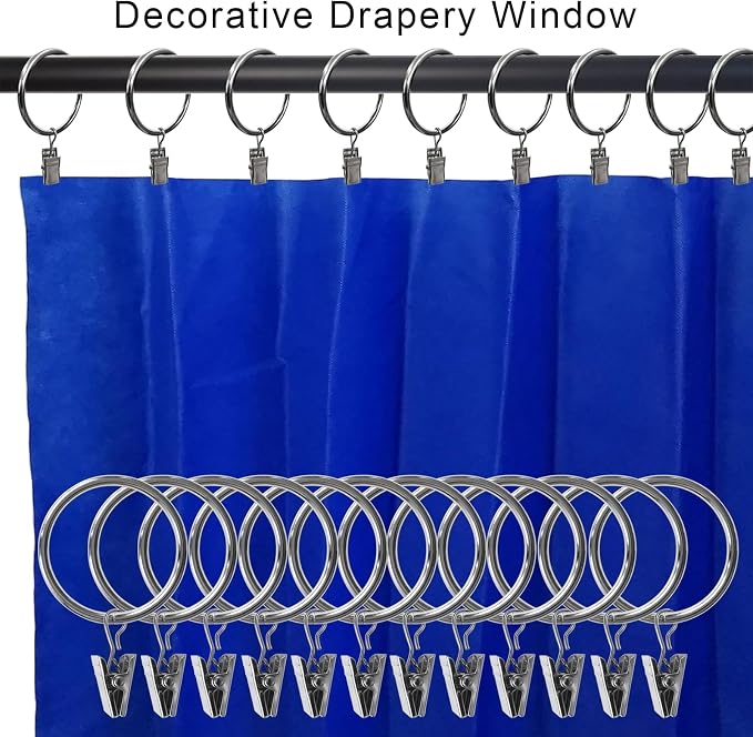 100 Pack Metal Curtain Rings with Clips, Drapery Clips Hooks, Decorative Curtain Rod Clips 1.5 in Interior Diameter, Silver