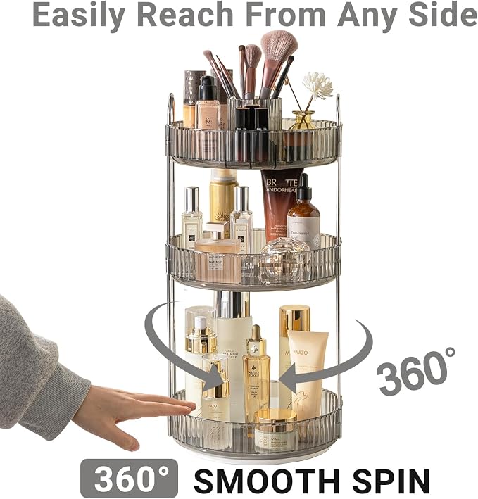 Asayuee 360 Rotating Makeup Organizer,3 Tier Large Capacity Make Up Organizers and Storage,Skincare Perfume Vanity Organizers,Bathroom Cosmetics Storage Organizer Countertop(Grey)