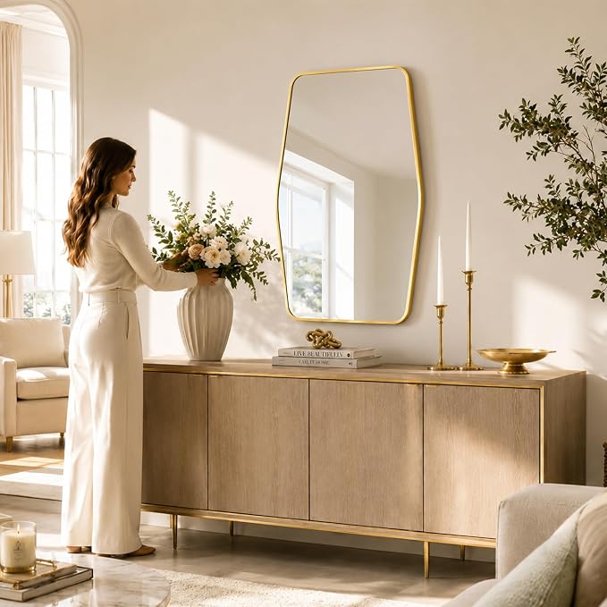 Brushed Gold Tapered Rectangle Bathroom Mirror, 24x36 Inch | Aluminum alloy frame, tempered glass, two-way keyhole mount, for dressing room and entryway