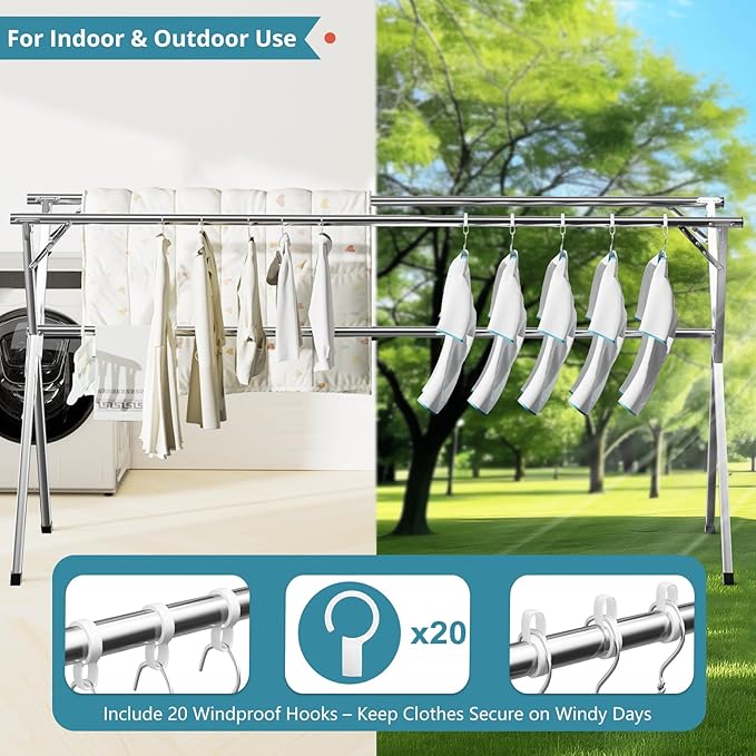 63 Inches Clothes Drying Rack, Drying Rack Clothing Folding Indoor Outdoor, Heavy Duty Stainless Steel Laundry Rack, Foldable Portable Large Clothes Rack Garment Rack with 20 Windproof Hooks