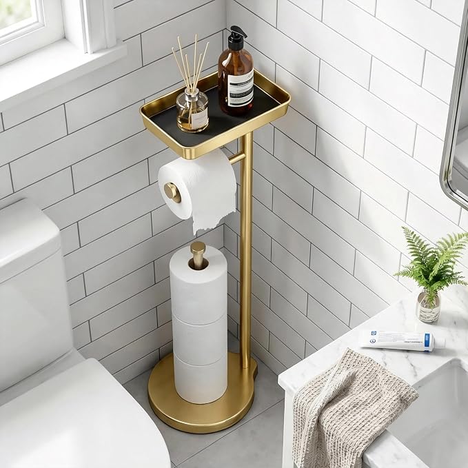 theaoo Toilet Paper Holder Stand with Shelf, Flushable Wipes Dispenser, Free Standing Toilet Tissue Roll Storage Rack Organizer for Bathroom (Gold, Free Standing - with Storage)