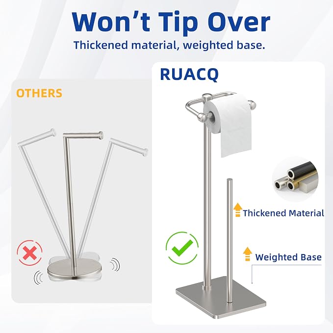 RUACQ Bathroom Toilet Paper Holder Stand with Storage, Brushed Nickel | Pivoting Free Standing Toilet Roll Holder, Holds 4 Reserve Rolls, Anti-drop design, Weighted Base, 304 Stainless Steel