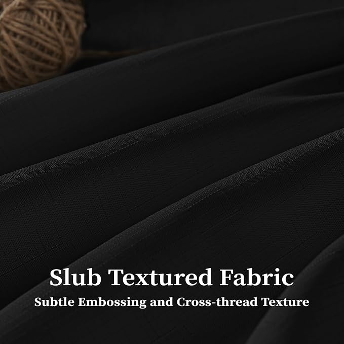 54x78 Boho Scalloped Linen Textured Cloth Shower Curtain Set, Black | Narrow Long Size, 230GSM Waterproof Polyester, Heavy Duty Fabric, 10 Plastic Hooks, Elegant Farmhouse Style, Machine Washable