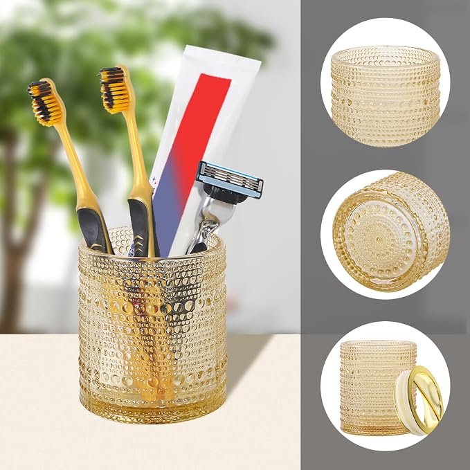 Amber Toothbrush Holders, 2pcs Glass Toothbrush Holder Set, 10oz Bathroom Tumbler Cup, Gold Tooth Brush Holder Storage Cup Organizer for Bathroom Accessories, Brushes,Toothpaste,Razor