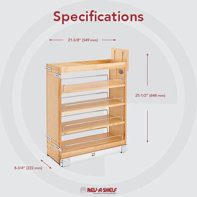 Rev-A-Shelf Maple Pullout Organizer w/Blum Soft-Close for Base Cabinets, Full Extension Slides & Adjustable Shelves, Min Opening Width of 8.5", 448-BCSC-8C