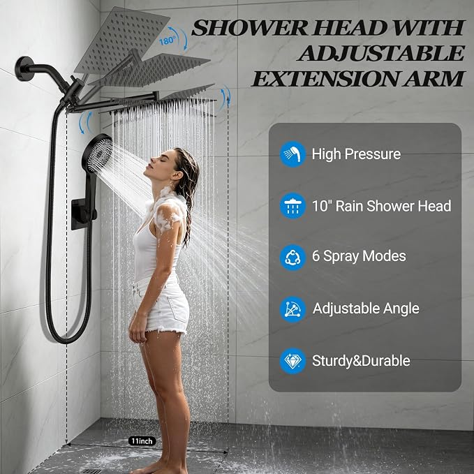 Shower Head,10”Rain Shower Head with Handheld Spray Combo with 11'' Angle Adjustable Extension Arm/Flow Regulator/Shower System,High Pressure Rainfall Shower Head Clean Bathroom,Matt Black