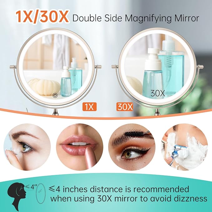 5000mAh Rechargeable Wall Mounted Lighted Makeup Vanity Mirror1X/30X Nickel | Double Sided Magnifying Bathroom Mirror, 3 Color Lighting, Touch Screen Dimming, Extended Arm 360 Rotation Shaving Mirror