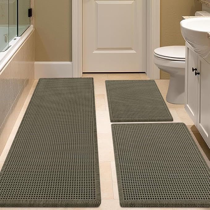 Waffle Bath Mat Set 3 Piece Olive Green,Woven Modern Bath Rug Mats, Absorbent Non Slip Bath Floor Mat, Soft Washable Boho Bath Rugs with Tassels for Bathroom, Bedroom, Kitchen,Tub