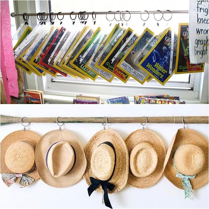 42 Pack Curtain Rings with Clips 1.26" Interior Diameter,Metal Drapery Ring with Clips Compatible with up to 1 inch Drapery Rod,Strong Vintage Decorative Rustproof Drapery Ring with Hooks-Matte Silver