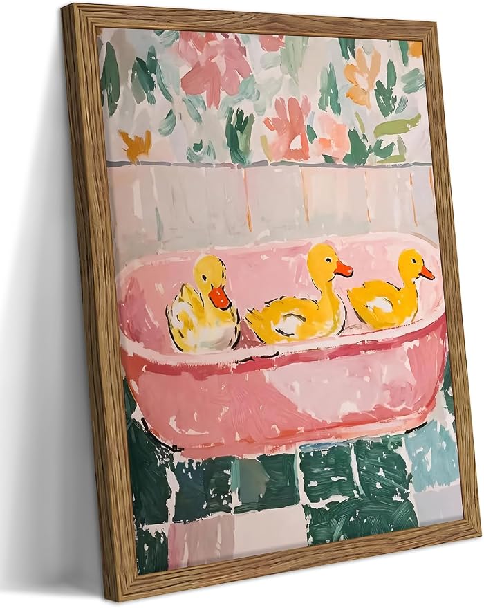 Framed Funny Bathroom Wall Art Decor, Yellow Duck in Pink Bathtub Canvas Wall Decor Painting, Cute Whimsical Animal Poster Print Picture for Girls Bathroom Nursery 12x16 Inch