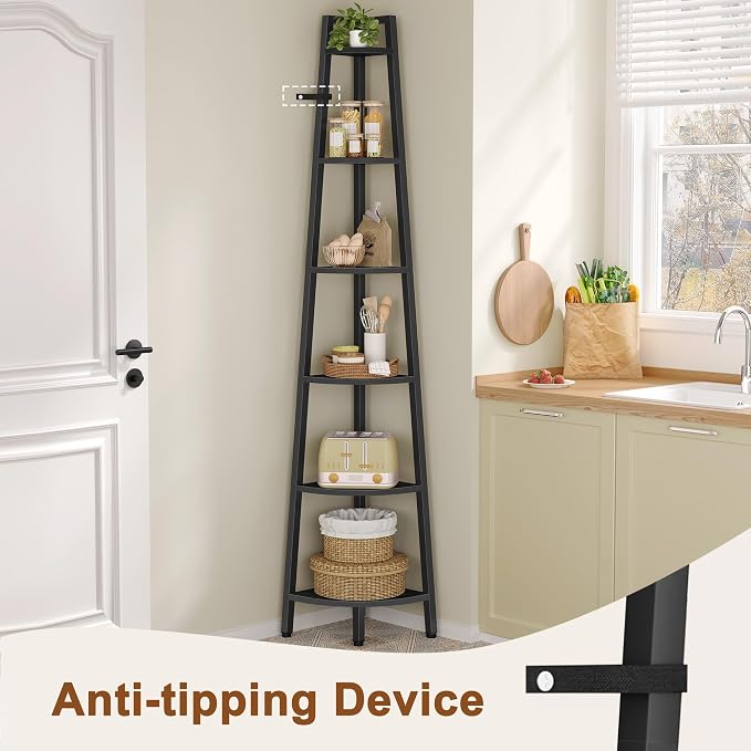 Hoctieon Corner Shelf, 6-Tier Corner Bookshelf, Rustic Ladder Shelf, Industrial Display Stand for Living Room, Kitchen, Home Office, Balcony, Small Space, Metal Frame, Black