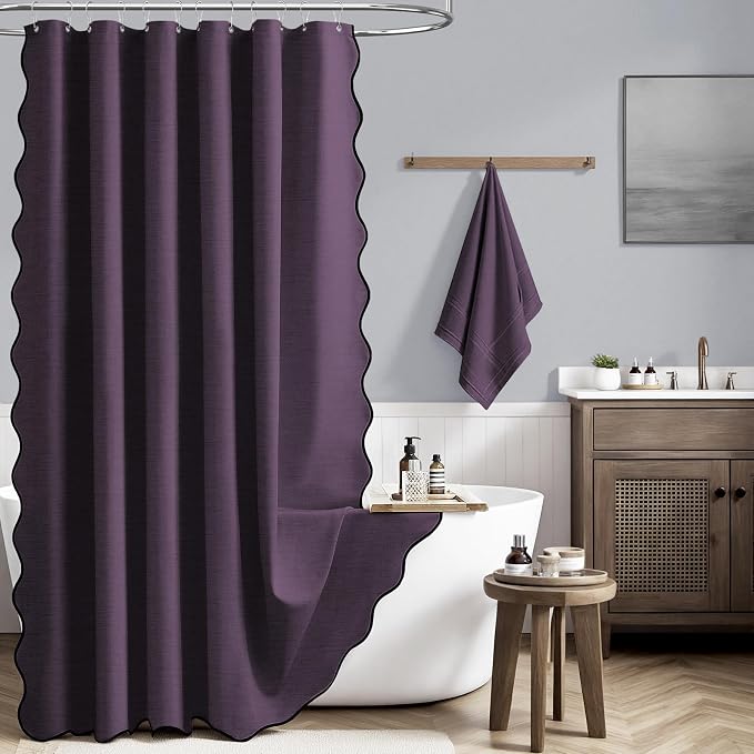 Boho Scalloped Linen Textured Cloth Shower Curtain Set, 72x84, Purple | Tall Size, 230GSM Waterproof Polyester, Heavy Duty Fabric, 12 Plastic Hooks, Elegant Modern Farmhouse Style, Machine Washable