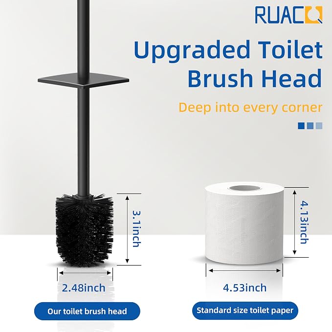 RUACQ Toilet Brush and Holder Set, Square, Matte Black, 2 Pack | SUS304 Stainless Steel Handle, Toilet Cleaner Brush with Durable Scrubbing Bristles, Splash-Proof