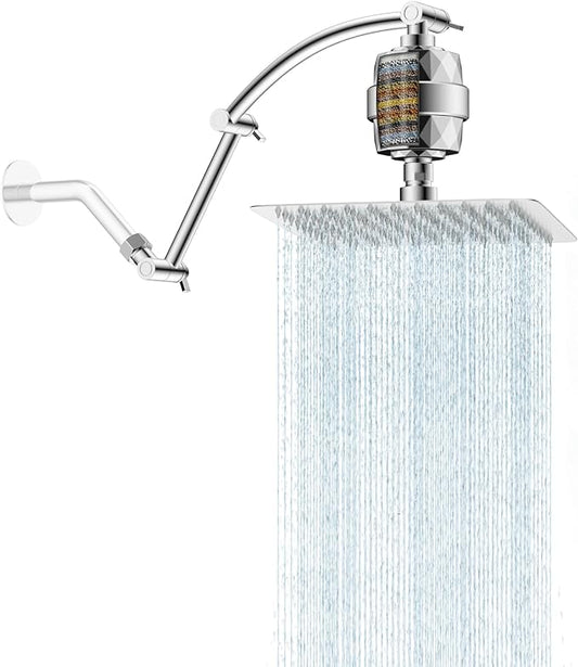 Hibbent 10'' Filtered Rain Shower Head with 16'' Extension Arm, Chrome | High Pressure Rainfall Showerhead, Brass Adjustable Shower Head Extension Arm, 20 Stage Shower Filter, Fixed Showerheads