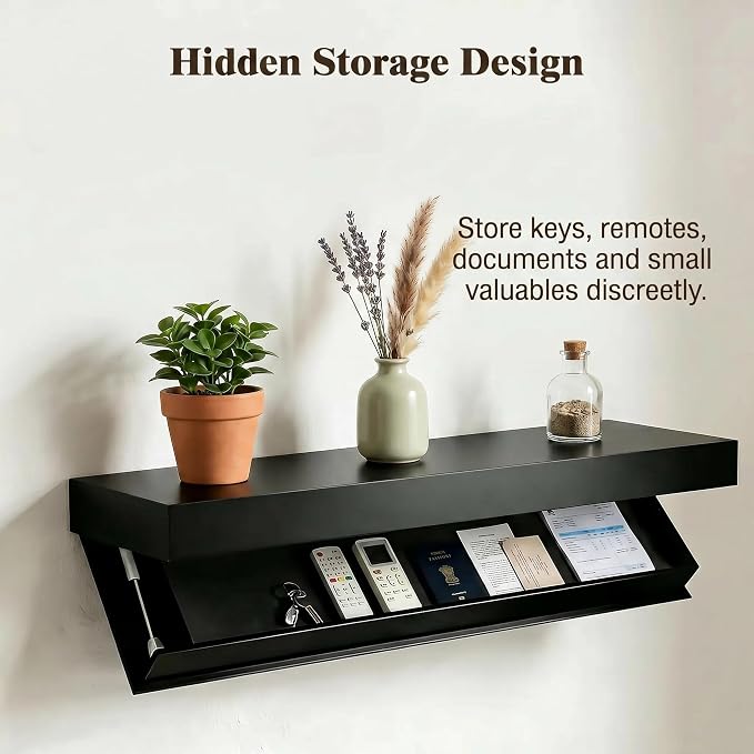 Floating Hidden Shelves for Wall with Concealed Storage Drawer, Hidden Shelf Night Stand with Secret Compartment, for Home Office Living Room, Black