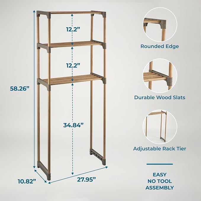 Honey-Can-Do 3-Tier Wood Over-the-Toilet Storage Shelf, Natural | Space-saving natural wood shelf fits over toilet/small appliances. 2 slatted shelves + hanging bar. Tool-free build.