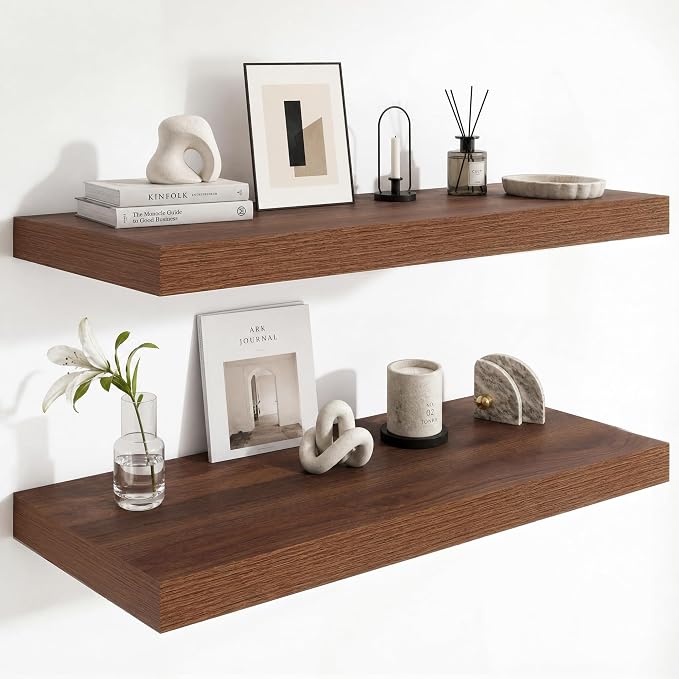 12 Inch Deep Floating Shelves for Wall, 36 Inch Wide Wall Shelves Set of 2, 2 Inch Thick Heavy Duty Invisible Wall Mounted Shelves for Kitchen Living Room,Walnut Color