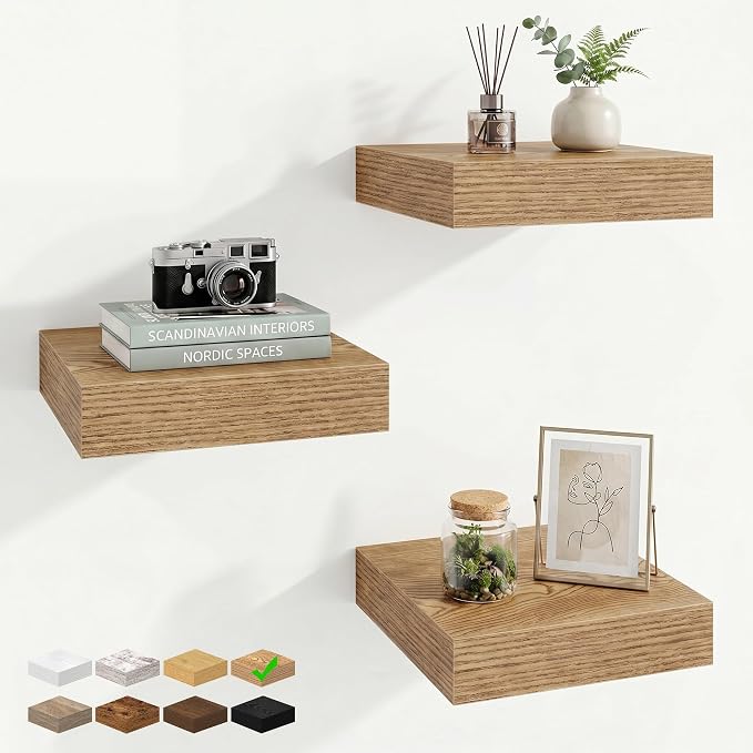 Marsmiles 8in Depth Floating Shelves, 8x8x1.4, Light Brown, Set of 3 | Small Wall Mounted Square Shelves, Engineered Wood, Invisible Brackets, Living Room, Bedroom, Bathroom, Kitchen Decor