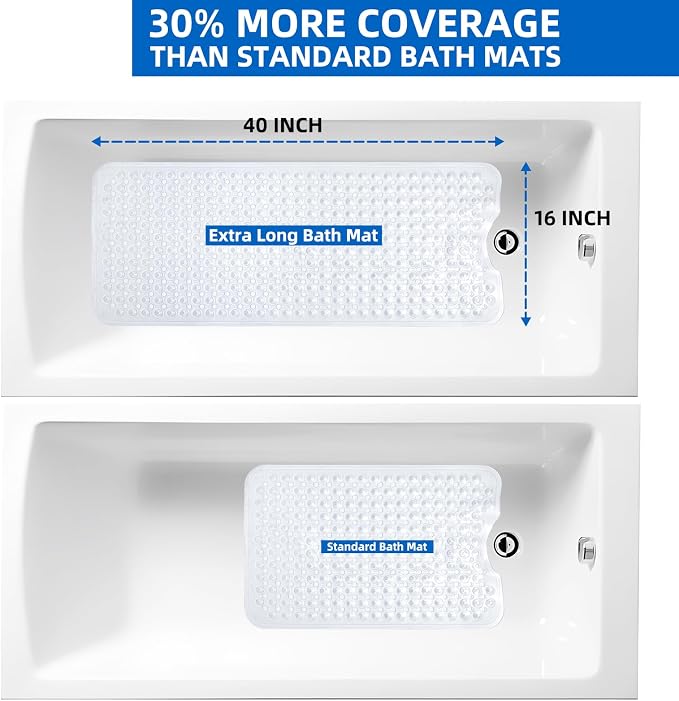 MOONFLY Shower and Bathtub Mat, 40x16 Inches, Clear | Extra Long Non Slip Mats with Suction Cups,Drain Holes, Machine Washable ,Anti Slip Bathmats, Bathroom Mats for Tub Nonslip