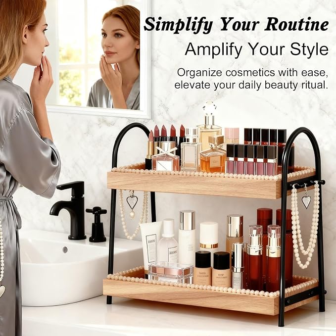 Bathroom Organizer Countertop Tall 2-Tier Waterproof 20+ Bottles 8 Hooks | Tall design for family bathroom/vanity, fits tall perfume/skincare, paulownia wood shelf, 8 hooks keep jewelry tidy, non-slip