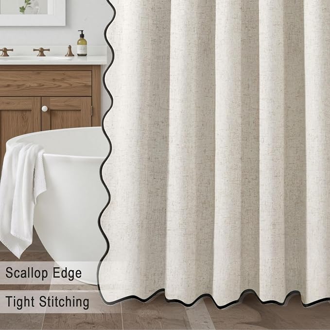 Scalloped Shower Curtain Linen Boho Ivory White 72" W x 72" L | Linen Fabric, Black Border, Washable, Heavy Duty Cloth, Shower Curtain for Boho Farmhouse Bathroom Bathtub