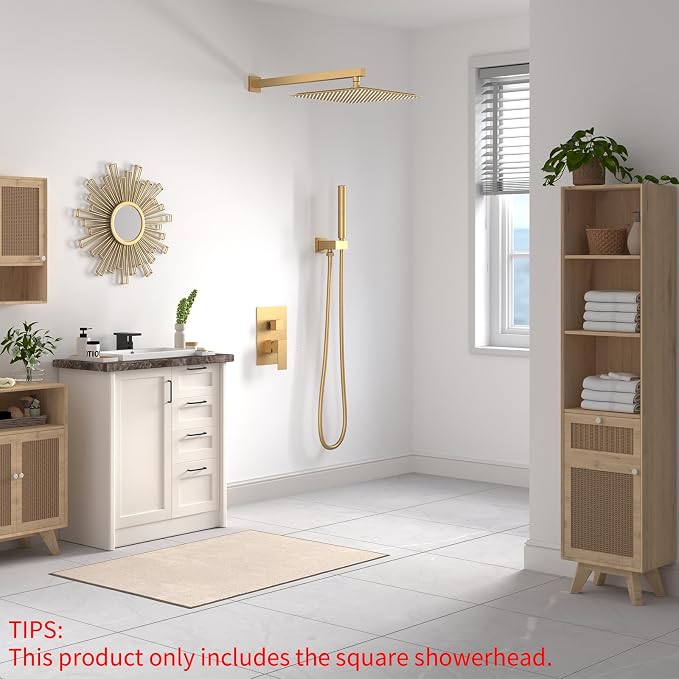 16 In Rain Shower Head High Pressure Rainfall Shower Head Brushed Gold | Square Rain Bathroom Showerhead, High Flow, Large Stainless Steel, Ceiling Mounted, Wall Mounted, Waterfall Full Body