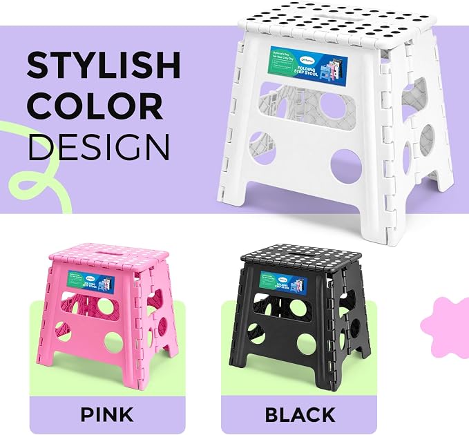 Dyforce Folding Step Stool 13 Inch,300lbs Foldable Stool for Adults & Kids | Stepping Stool White,Non-Slip Plastic Compact Foot Stool with Carry Handle,Lightweight for Bathroom Kitchen Bedroom Garden
