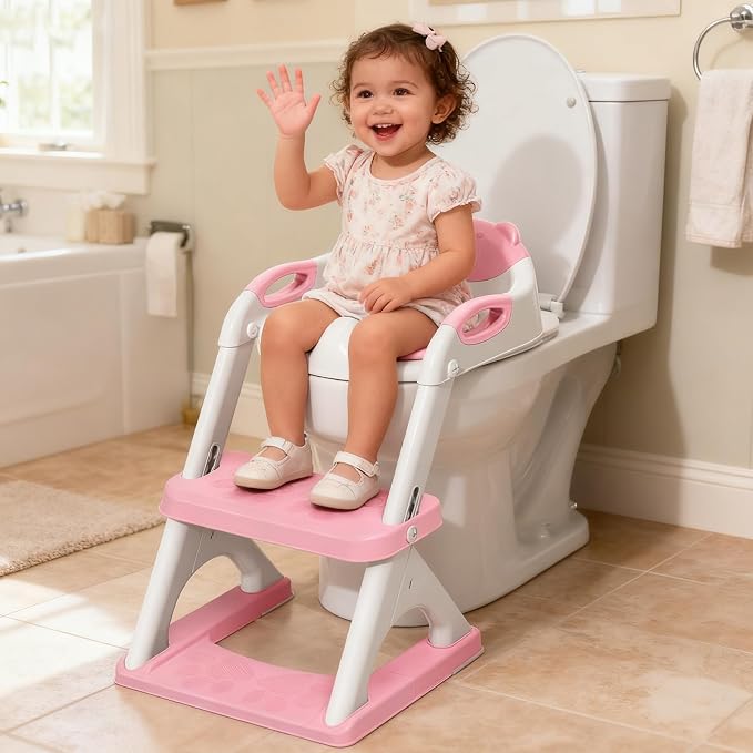 Potty Training Toilet for Toddlers, 2-in-1 Potty Training seat, Anti-Slip | SKYROKU, Fits Round & Elongated Toilets, 6 Heights, Splash Guard, Foldable, Holds 200+ lbs, Step Stool, Dishwasher Cushion