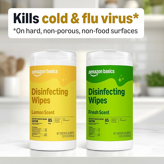 Amazon Basics Disinfecting Wipes, Lemon & Fresh Scent, Sanitizes, Cleans, Disinfects & Deodorizes, 255 Count (3 Packs of 85), Packaging May Vary