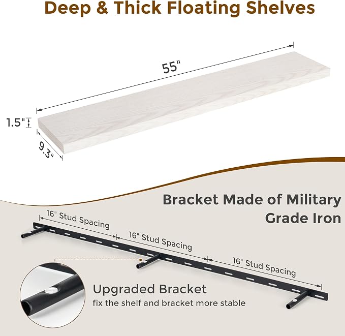 Fun Memories 55 Inch Long Floating Shelves for Wall, 55x9.3 Large Floating Shelf for Bedroom, Kitchen, Bathroom, Wall Mounted Rustic Wood Shelves with Invisible Bracket for Books, Decor, Brich