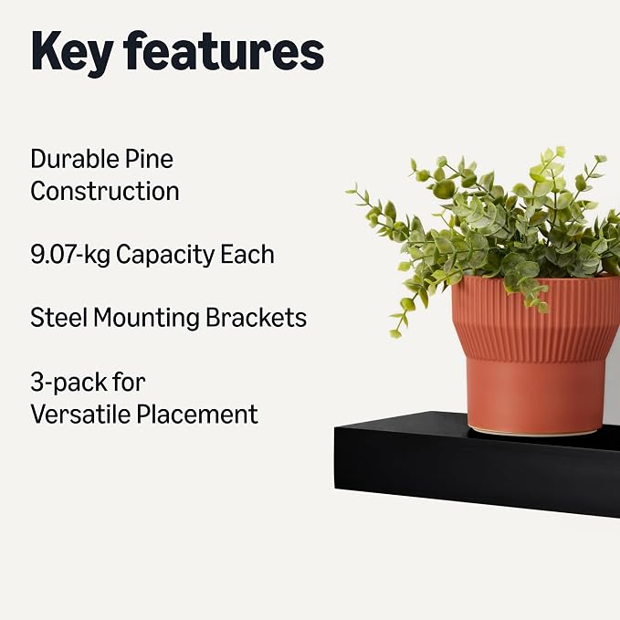 Amazon Basics Wood Floating Wall Shelves, 3-Pack, Black, 15.8" x 5" x 1.8"