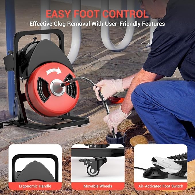 50FTx1/2 Inch Drain Cleaner Machine with Wheels, Sewer Snake Drain | Plumbing Snake Auger Cleaner for 2" to 4" Pipes with 6 Cutter & Foot Switch for Sewer, Sink, Toilet, Bathroom