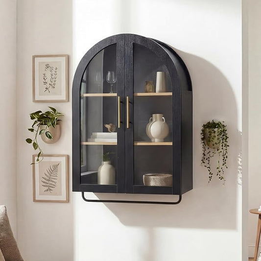 Seang Bathroom Arched Wall Cabinet,Modern Medicine Cabinet with Towel Bar and Adjustable Shelf,Over The Toilet Wall Storage Cabinet,Black