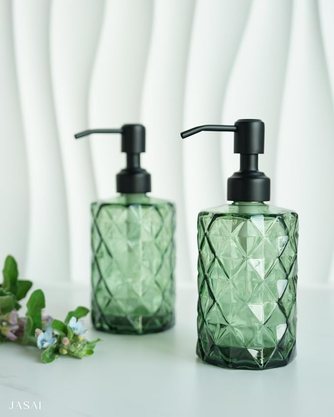 JASAI Forest Green Glass Soap Dispenser with Black Rustproof Pump | Refillable Small Soap Dispenser for Kitchen and Bathroom.