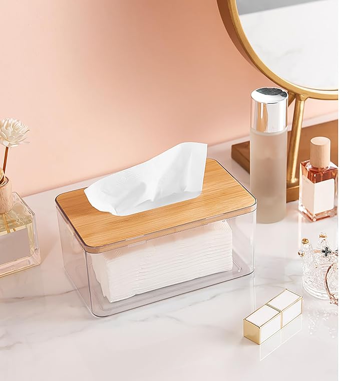 Acrylic Tissue Box Cover, Bamboo Dryer Sheet Holder, Wooden Rectangular Dryer Sheet Dispenser for Storage on Bathroom Vanity, Countertop, Bedroom Dresser