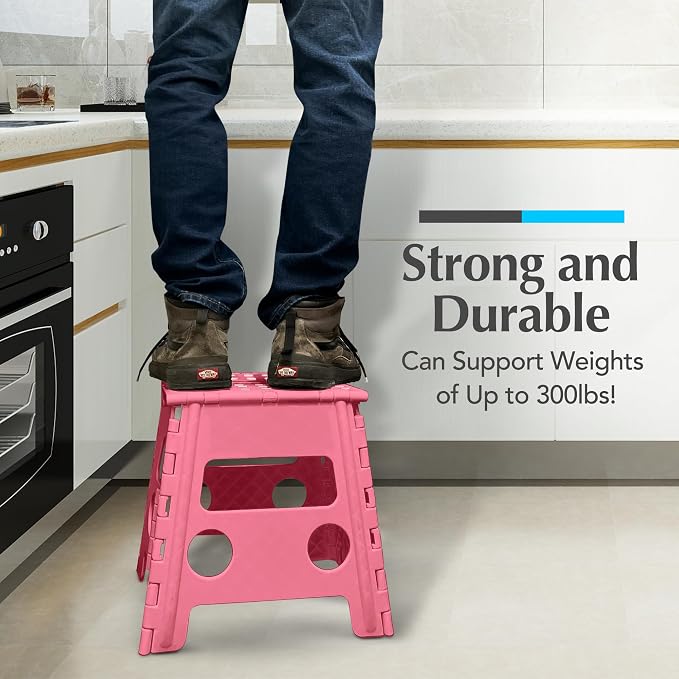 Handy Laundry Folding Step Stool 13 Inch, Pink, Non-Slip Holds 300 lbs | 13 Inch, Pink, Foldable Collapsible Step Stool, Non-Slip, Holds 300 lbs, Kitchen Bathroom Bedroom, Adults