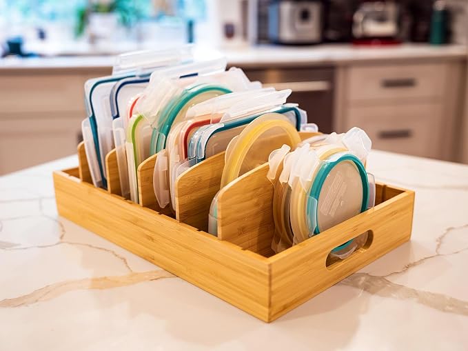 Extra Large Bamboo Food Container Lid Organizer for Kitchen Cabinet | Adjustable Slots - Tall Dividers for Large Lids - Premium Bamboo, Pretty Color - Versatile Caddy in Drawer - Anti-Skid Pads