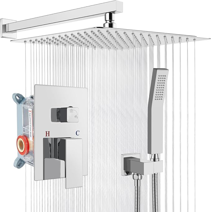 gotonovo Shower Faucet Set with Handheld Spray Polished Chrome,16'' Head | SUS304 Rainfall Shower Head and Handle Set System Fixture,Pressure Balance Valve Trim Kit,Single Handle,Wall Mount,All Metal