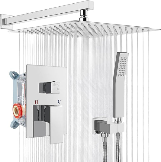 gotonovo Shower Faucet Set with Handheld Spray Polished Chrome,16'' Head | SUS304 Rainfall Shower Head and Handle Set System Fixture,Pressure Balance Valve Trim Kit,Single Handle,Wall Mount,All Metal