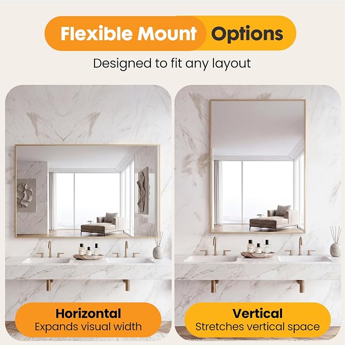 Sweetcrispy Bathroom Mirror, 30" x 36" Rectangle Wall Mount Mirrors | Modern Vanity Mirror with Tempered Glass, Metal Frame, for Home Decor, Anti-Rust, Gold