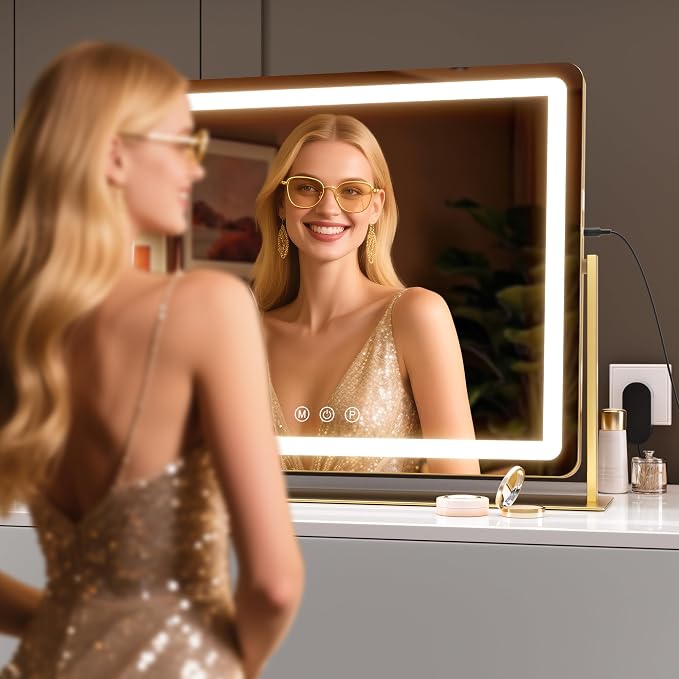 Hasipu Vanity Mirror with Lights 24" x18” -Makeup Mirror with Lights and 5X Magnification, Phone Holder, USB Charging & Smart Touch 3-Color Lighting (Gold)