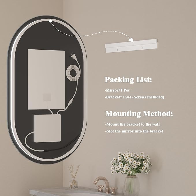 40x24 Inch Oval Backlit LED Bathroom Mirror for Wall | Stepless Dimmable, Shatter-Proof, Anti-Fog, 3 Colors, Memory, Phill-shaped, ETL Listed(Horizontal/Vertical)