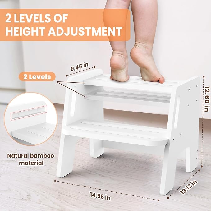 Toddler Step Stool, Wooden Height-Adjustable 2-Step Stool for Kids, Potty Training Stool with Handles for Bathroom Sink, Kitchen, Bedroom-White