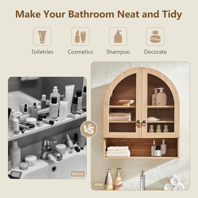 IFGET Bathroom Arched Wall Cabinet, 23.6'' Wide Medicine Cabinet with Adjustable Shelves & Glass Doors, Over The Toilet Storage Wall Mount Cabinet for Laundry Room, Kitchen & Living Room, Natural Oak