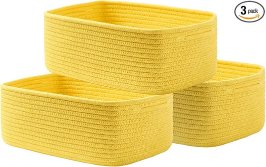 KALLAX Small Woven Storage Basket for Organizing, 13.5x9.5x5 inches, 3 Pack | Shelf baskets for closet organization, toy storage and home decor, Perfect as empty gift baskets for holidays, Yellow